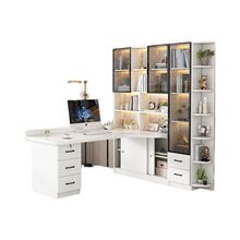 实木转角书桌书柜组合一体电脑桌台式轻奢家用书房学生写字学习桌