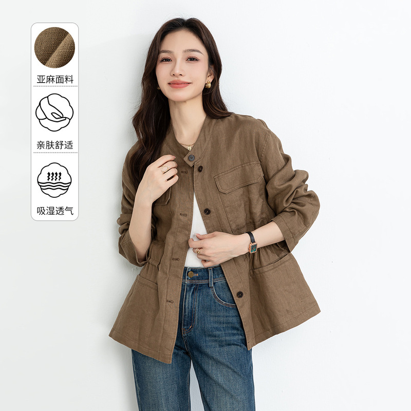 Xingechun New Style Old Money Style Stand Collar Tie Waist Linen Long Sleeve Work Jacket Coat for Petite Women