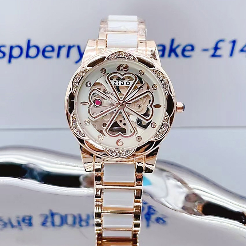 ZIDO仿陶瓷手表背透底镂空女表四叶草小众轻奢时尚女士手表非机械