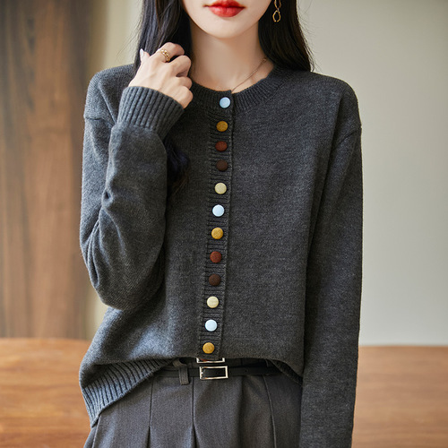 Wholesale Colorful Button Crewneck Cardigan Autumn/Winter New Style Literary Loose Women's Chanel Inspired Knit Top