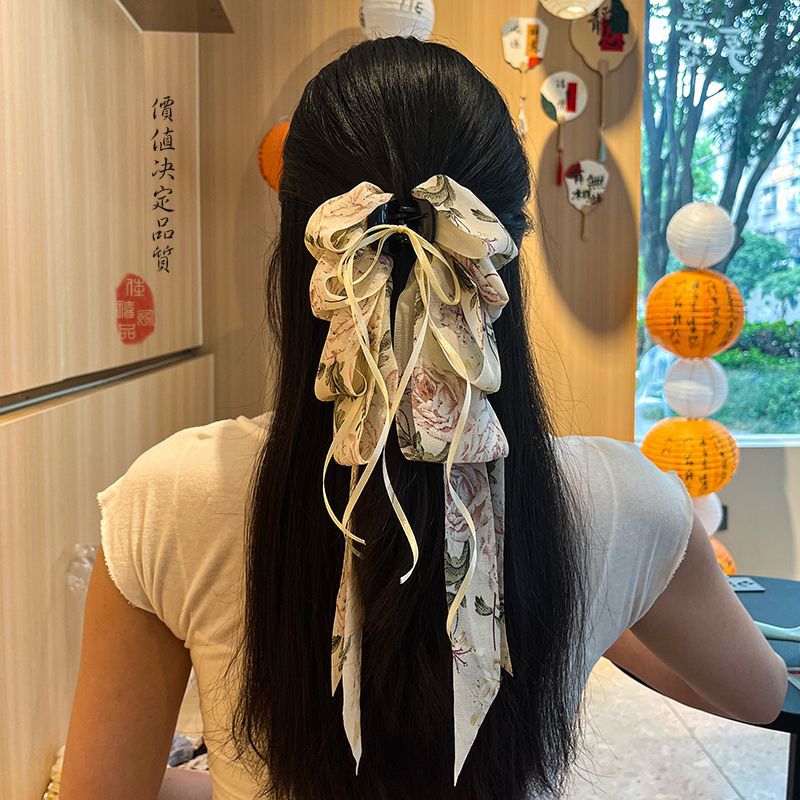 미색 플라워 롱 리본 집게핀