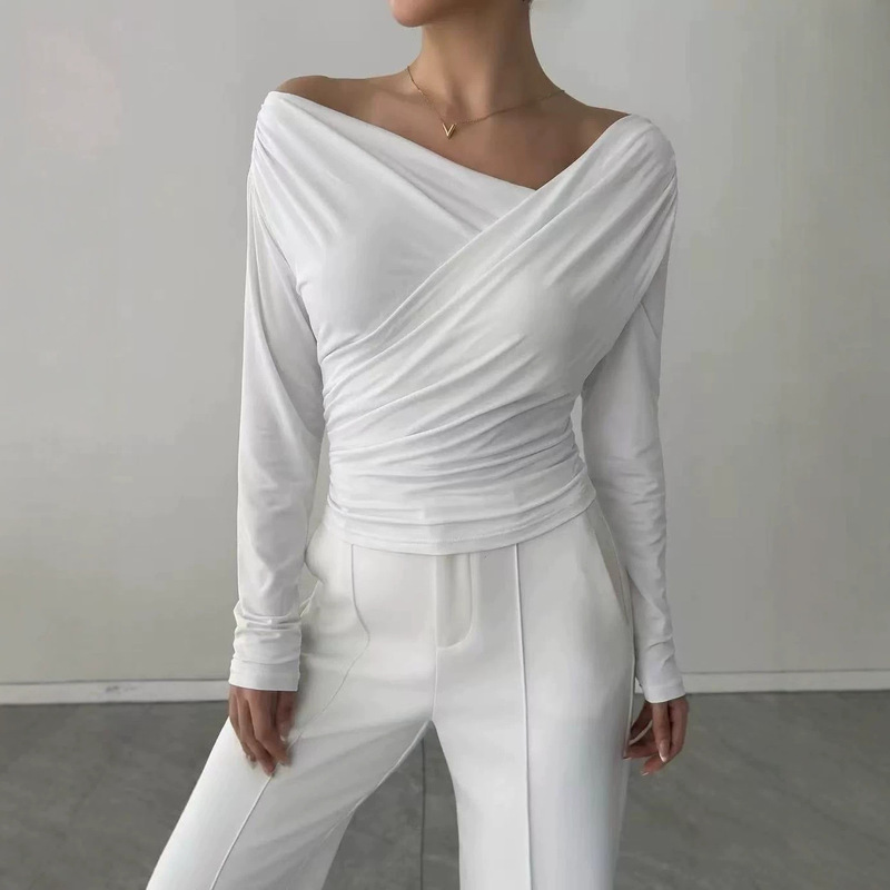 European and American cross-border 2026 autumn new solid color fashion one-shoulder V-neck off-shoulder slim-fit long-sleeve versatile commuter top European and American cross-border 2026 autumn new solid color fashion one-shoulder V-neck off-shoulder slim-fit long-sleeve versatile commuter top