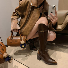 金属锁扣 5cm牛皮高筒靴子2025秋冬季真皮长靴女中跟骑士靴不过膝