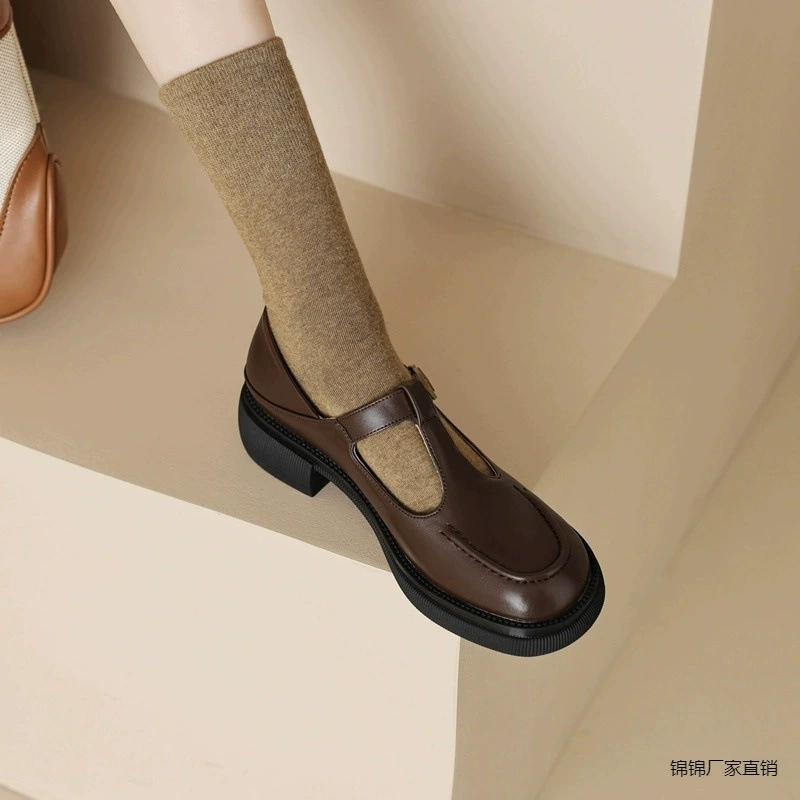 Мягкая кожа толстые туфли на каблуке женские 2024 весна и осень новый французский стиль ретро Мэри Джейн маленькие кожаные туфли британский стиль