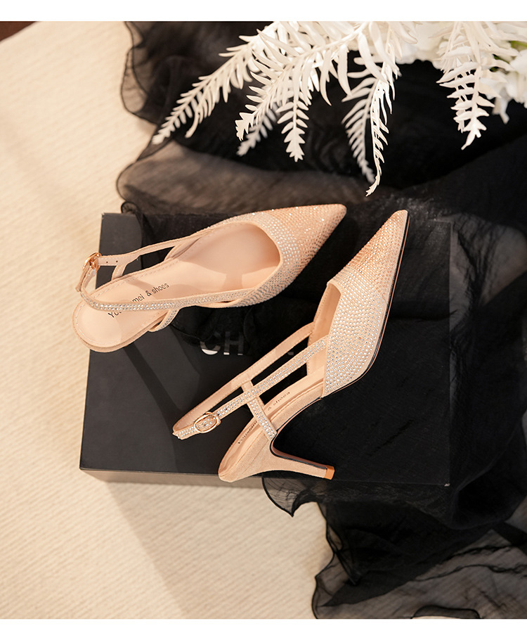 7755-6 Rhinestone Studded Open Back Sandals With Heel Cover, Shiny High Heels, Thin Heels For Commuting, Professional,_voghion.com