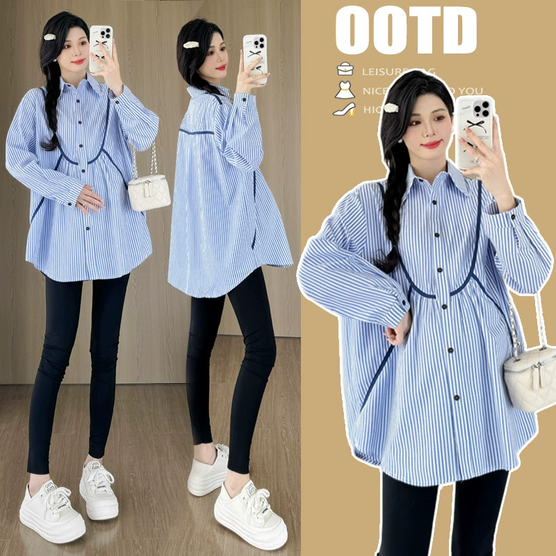 Фото реальных товаров в наличии~2025: осенняя новинка, одежда для беременных, корейский стиль, хлопковая повседневная рубашка средней длины, модная, трендовая, для мам, белая