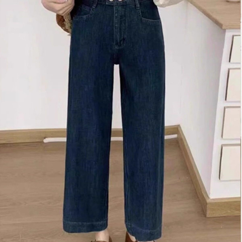 深蓝色直筒牛仔裤女秋夏新款高腰宽松小个子九分烟管裤源头工厂
