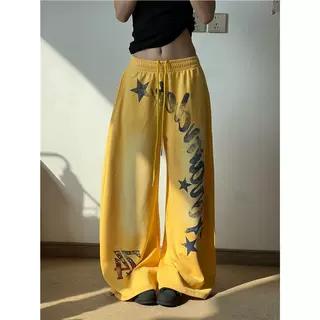 美式复古街头设计感字母印花多巴胺黄色裤女爵士jazz跳舞运动卫裤