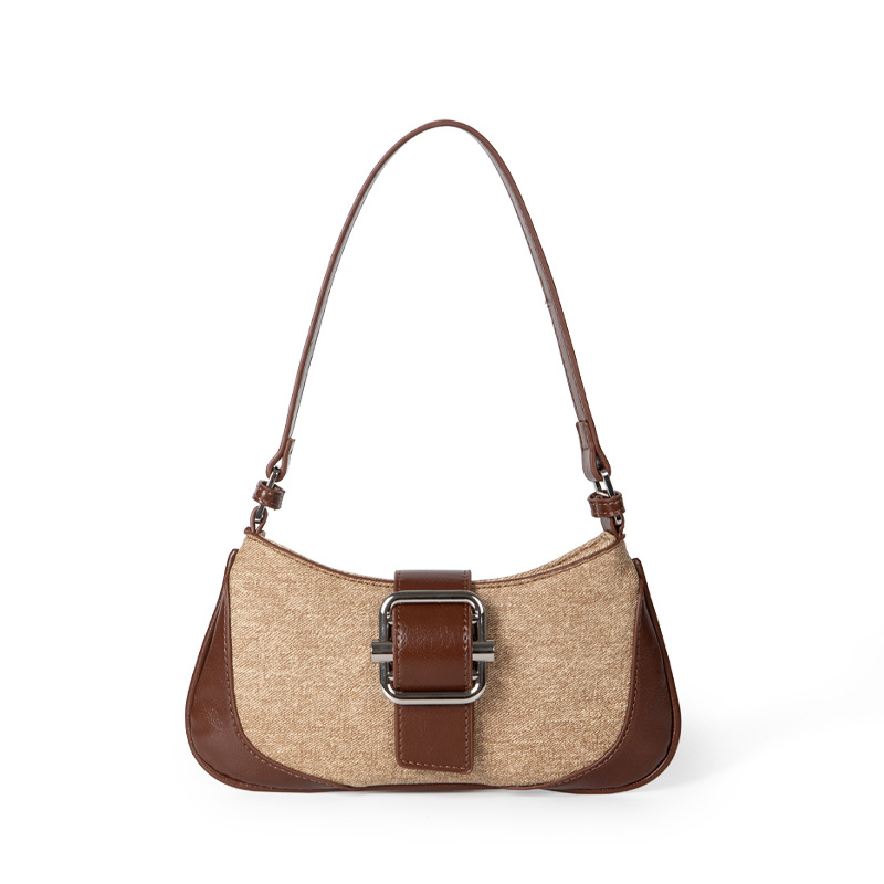 Nuevo bolso de hombro y axila de lona retro con diseño de nicho coreano para mujer, bolso con bloques de colores texturizados, bolso tipo baguette francés.