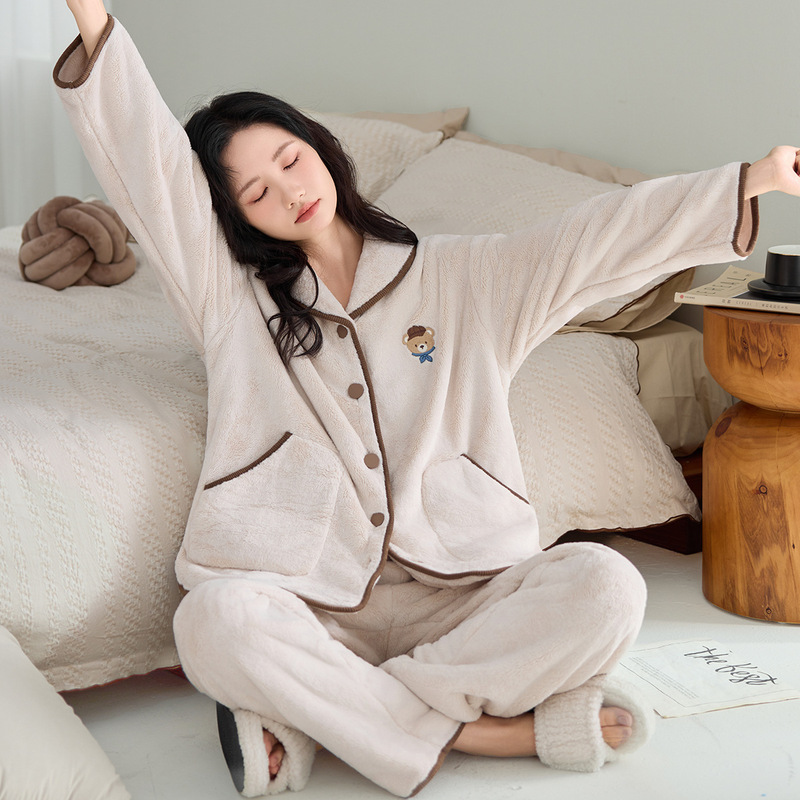 Autumn and Winter Unisex Pajamas, Fleece-Lined and Thickened, New Coral Velvet Double-Sided Flannel Casual Loungewear Set