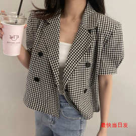 chic韩系格子翻领短款复古双排扣西服外套