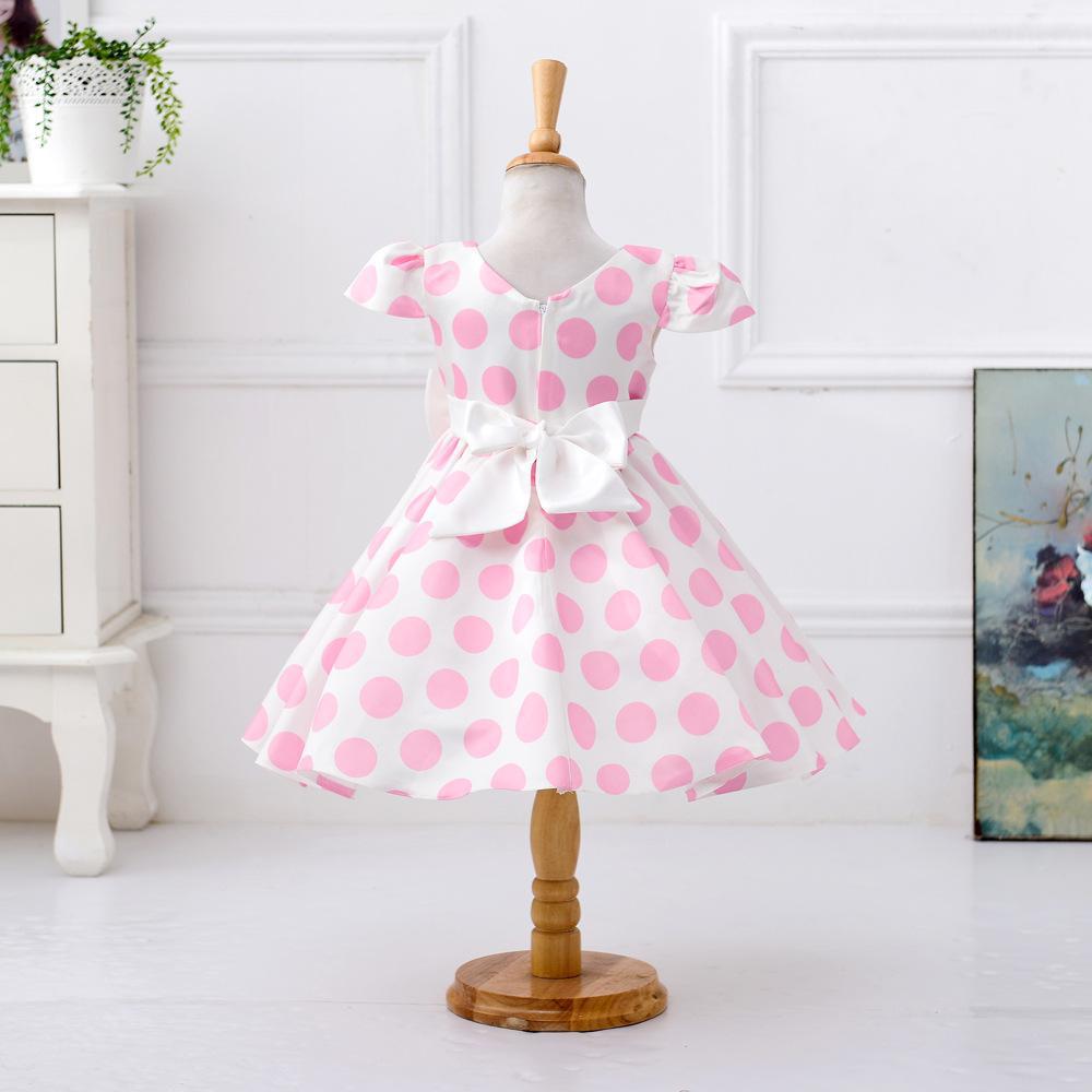 Vestido infantil europeo y americano con mangas voladas y lunares, vestido de princesa de satén con lazo para niña pequeña. image 5