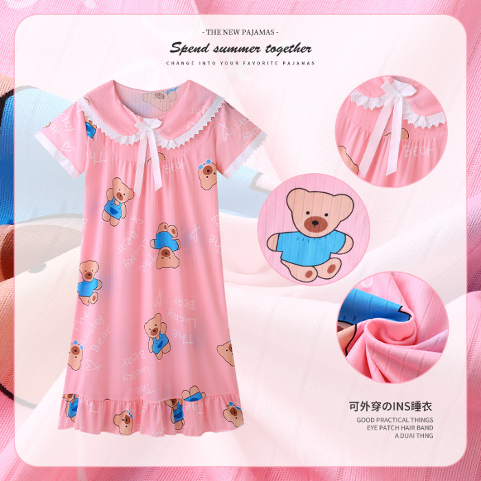 Pijama de niñas verano delgado falda de mangas cortas adorable madre e hija princesa viento pijama infantil bebé ropa para el hogar