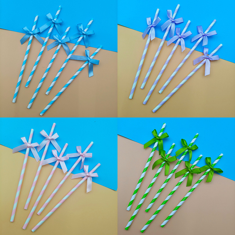 Cross-border bow party paper straw ribbon fabric panadería postre decoración inserto cóctel decoración straw