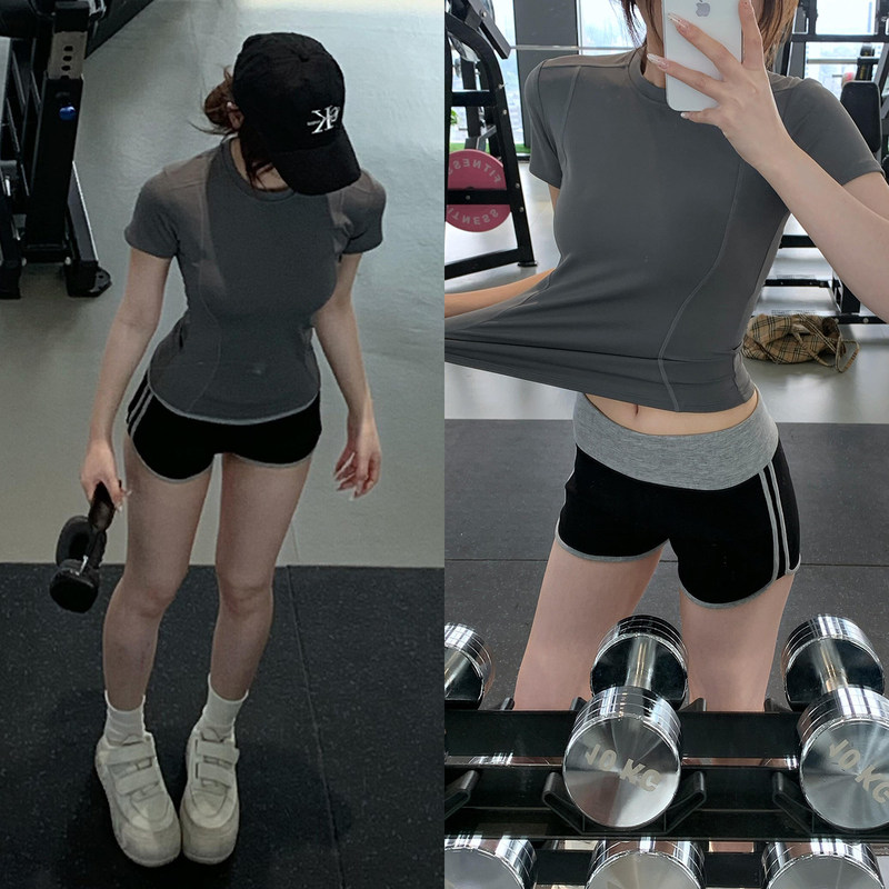 Gray Sports Short-Sleeved T-Shirt, High-End Yoga Wear for Women, Summer Running, Pilates Training, Fitness Breathable Top Gray Sports Short-Sleeved T-Shirt, High-End Yoga Wear for Women, Summer Running, Pilates Training, Fitness Breathable Top