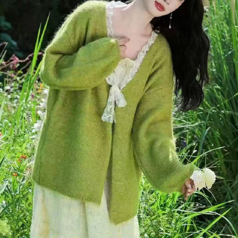 YS蕾丝蝴蝶结拼接宽松长袖毛衣女秋冬新款慵懒风甜美针织衫上衣|undefined