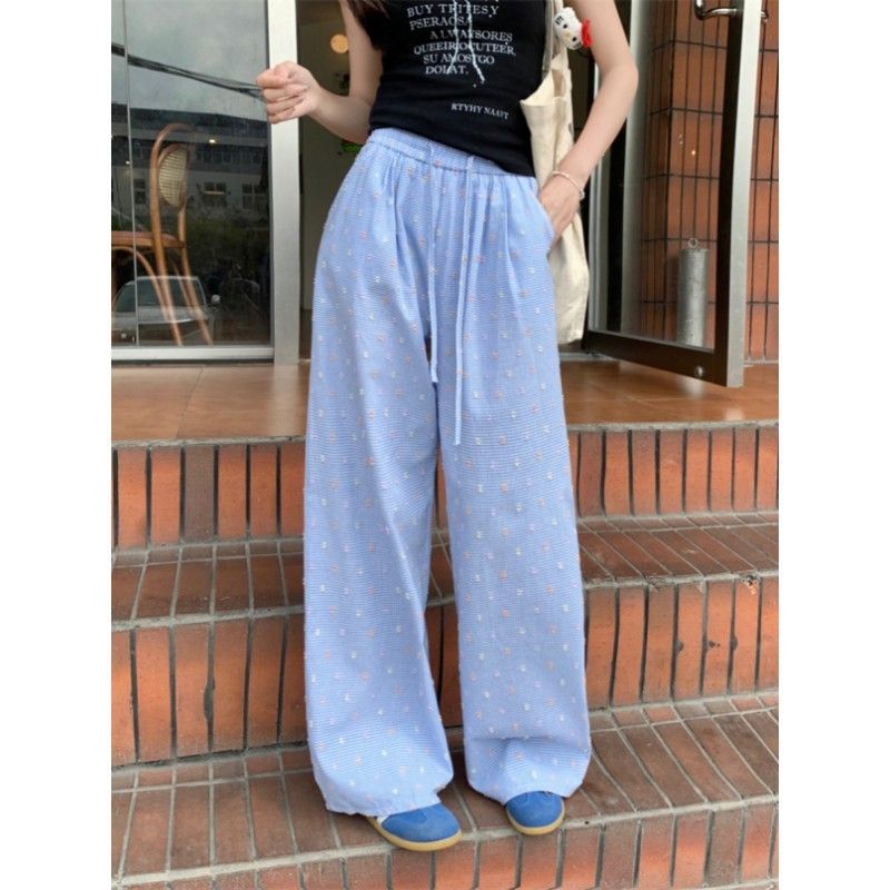 夏季新款海盐苏打多巴胺格纹肌理波点抽绳阔腿休闲直筒裤子女