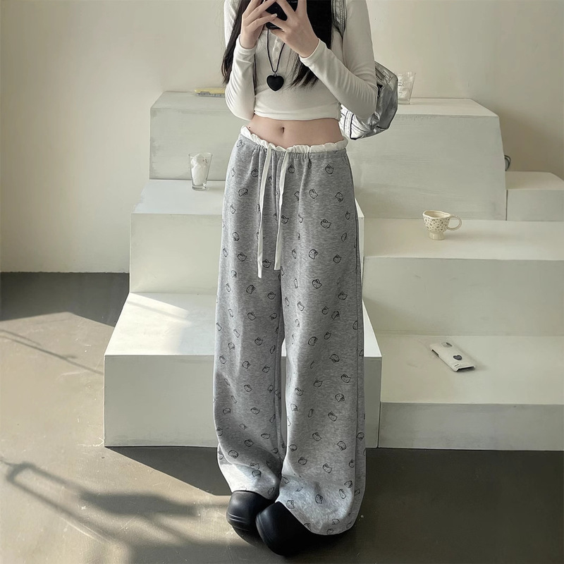Grey Kitty Cat Printed Patchwork Casual Pants Women's Autumn 2024 Loose Straight Dosing Sports Wide Leg Pants