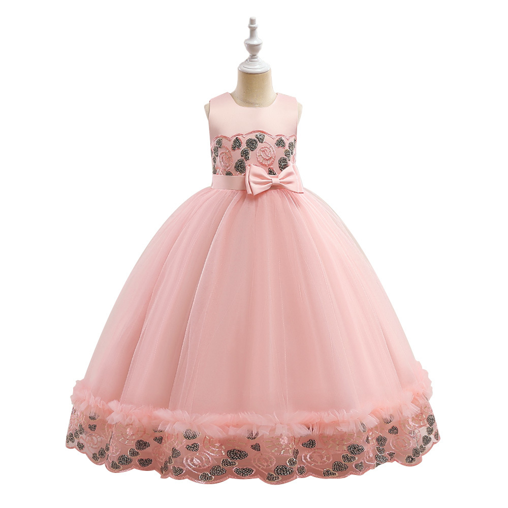 Vestido formal de estilo europeo y americano para niñas mayores, vestido de princesa de tul con lentejuelas bordadas, vestido de actuación para niñas pequeñas.