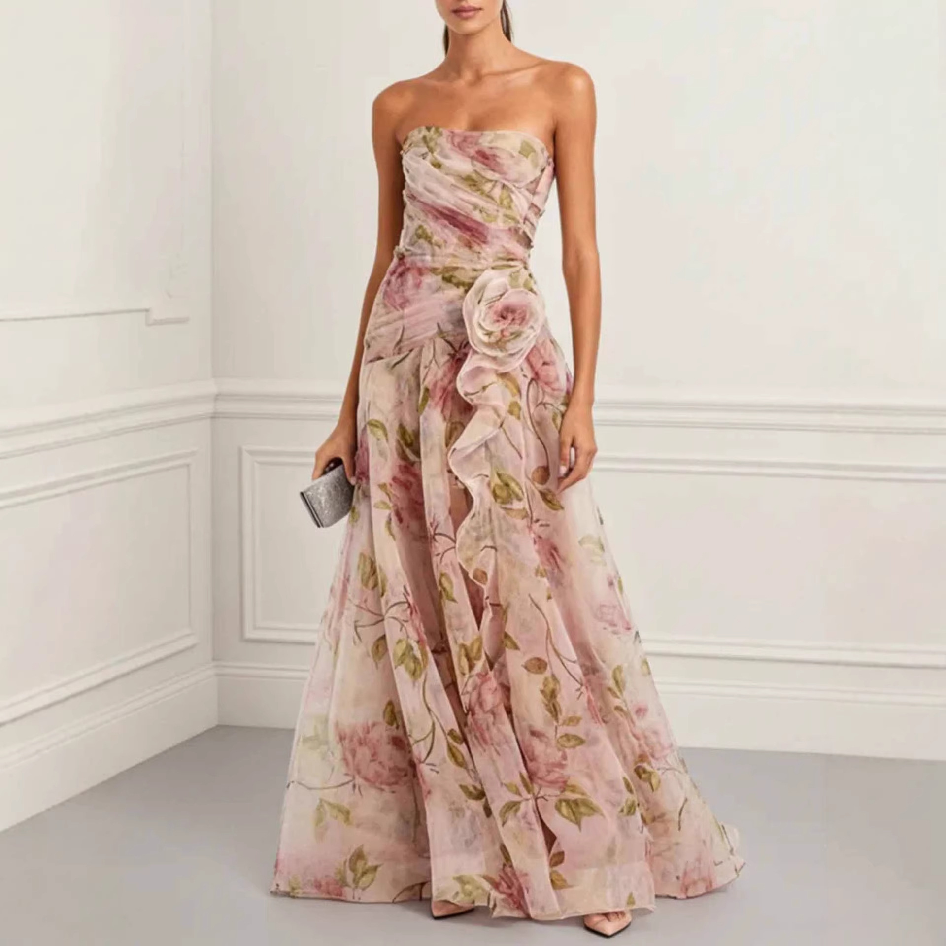2026 European And American Cross-border Independent Site Party Elegant Ruched Strapless Printed Dress_ecoleips.com