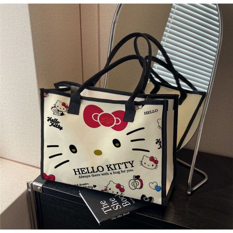 ハローキティバッグレディースファッショナブルでかわいいktポータブルバッグ多用途大学生キャンバストートバッグ大容量|undefined