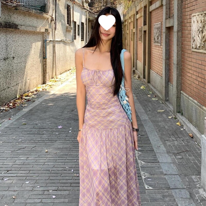 Trendy French-Style Summer Spaghetti Strap Dress with a Cool and Elegant Wa-Line Long Dress with Illusion Feather Design, Slimming Effect