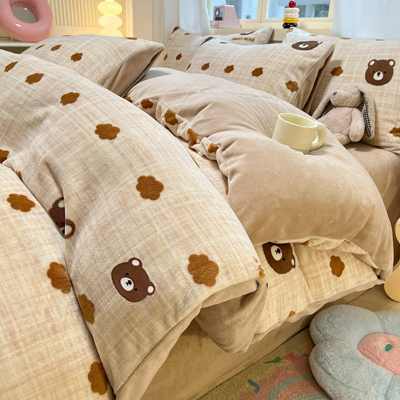 Invierno engrosado 2025 nuevo conjunto de cuatro piezas de lana de leche de doble cara edredón de coral sábanas de tres piezas