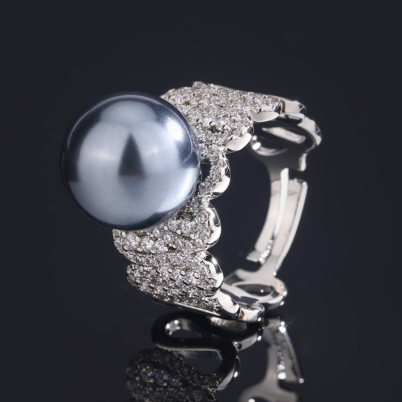 2023 nuevo estilo Zhuang Sheng joyería de cobre Chapado en platino nueva fila anillo perla temperamento personalidad anillo de las mujeres 12mm