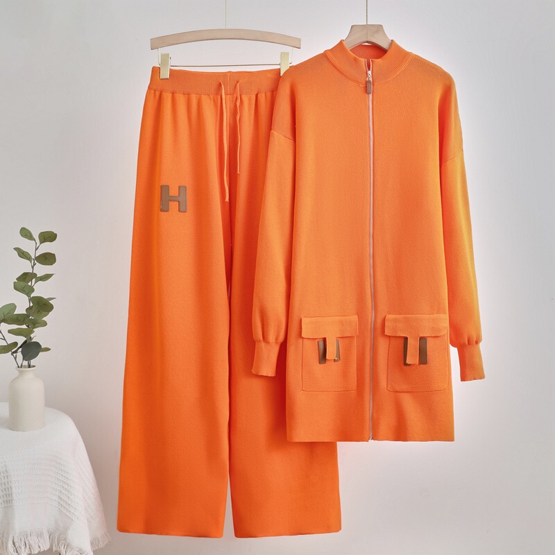 Cross-border European and American Solid Color Wool suit Loose Knitted Zipper Pocket Sweater Top Drawstring Loose Wide Leg Pants Cross-border European and American Solid Color Wool suit Loose Knitted Zipper Pocket Sweater Top Drawstring Loose Wide Leg Pants