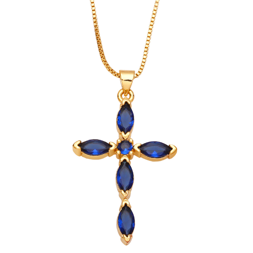 fashion cross copper gold-plated inlaid color zircon necklace