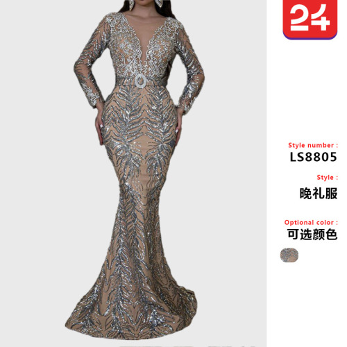New European and American women's dress, bronzing long-sleeved, slim, sexy fishtail mop evening dress