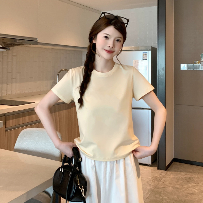 Summer Solid Color Right Shoulder Slimming Top for Women 2025 New Short-Sleeved Loose Round Neck T-Shirt for Small People