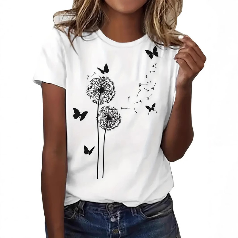 2025 Spring and Summer Foreign Trade Hot Selling Ladies Round Neck T-Shirt 3D Dandelion Pattern Digital Printing Ladies Clothing