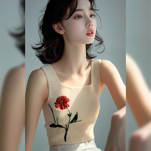 apricot Rose Embroidered Camisole 2025 New Spring Unique Super Beautiful Sweet and Hot Top
