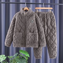 睡衣男冬季加绒加厚男款三层夹棉冬天家居服珊瑚绒可外出男士套装