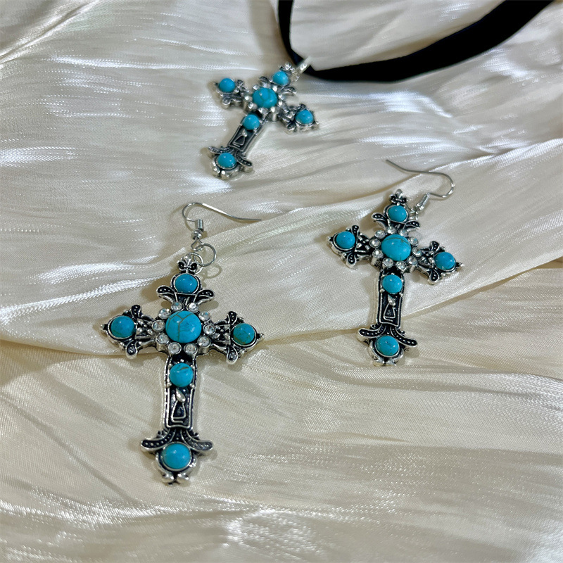 고대 실버 십자가 목걸이 귀걸이 세트