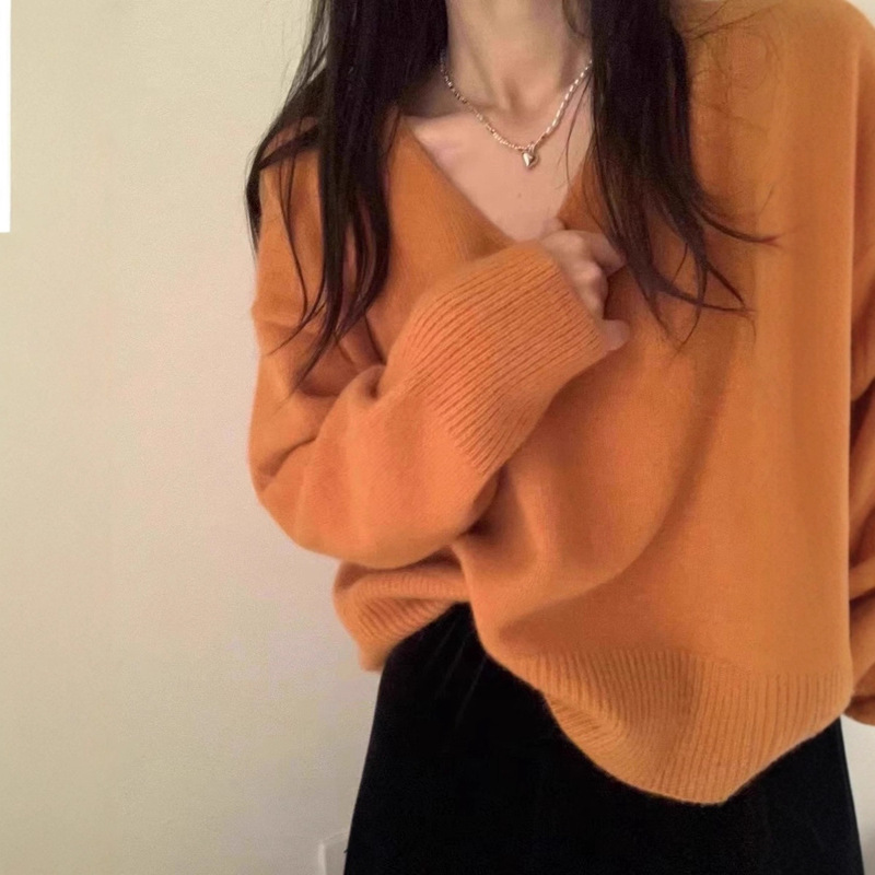 Orange Gentle Style V-Neck Knitwear Knitwear for Women Autumn and Winter Korean Style Soft Waxy Loose Short Pullover Bottoming Top