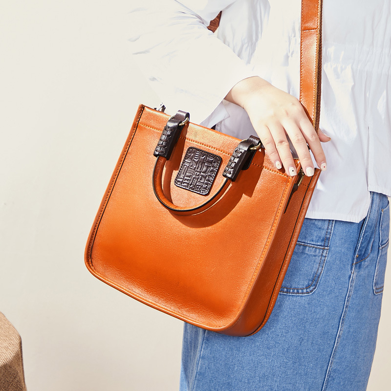 Genuine Leather Bag for Women 2025 New Retro First-Layer Cowhide Simple Contrasting Color Shoulder Bag Crossbody Bag Satchel Mother-In-Law Bag