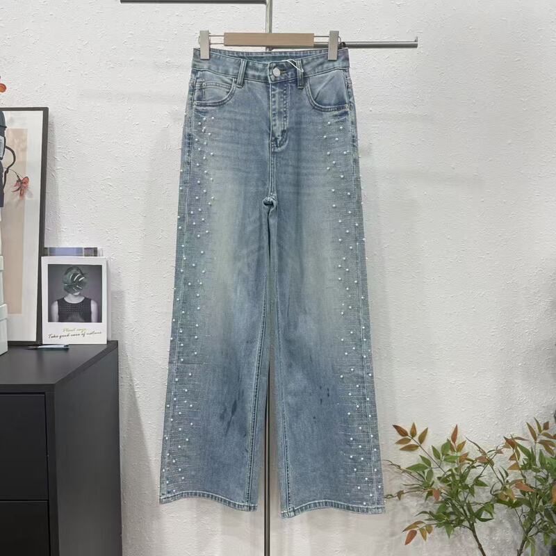 Beading and Rhinestones! New Style Women's Wide-Leg Jeans, Loose Fit, Slimming, Casual Straight-Leg Pants 20599