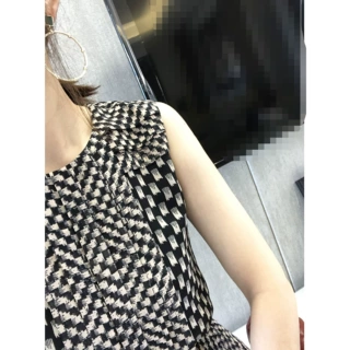 衣录现货印花无袖夏仙女千鸟格碎花复古风百褶设计连衣裙一件代发