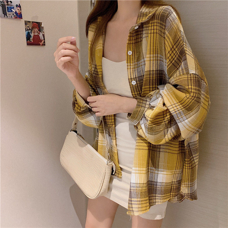 格子衬衣女韩系设计感小个子春秋复古百搭宽松衬衫防晒内搭外套|undefined