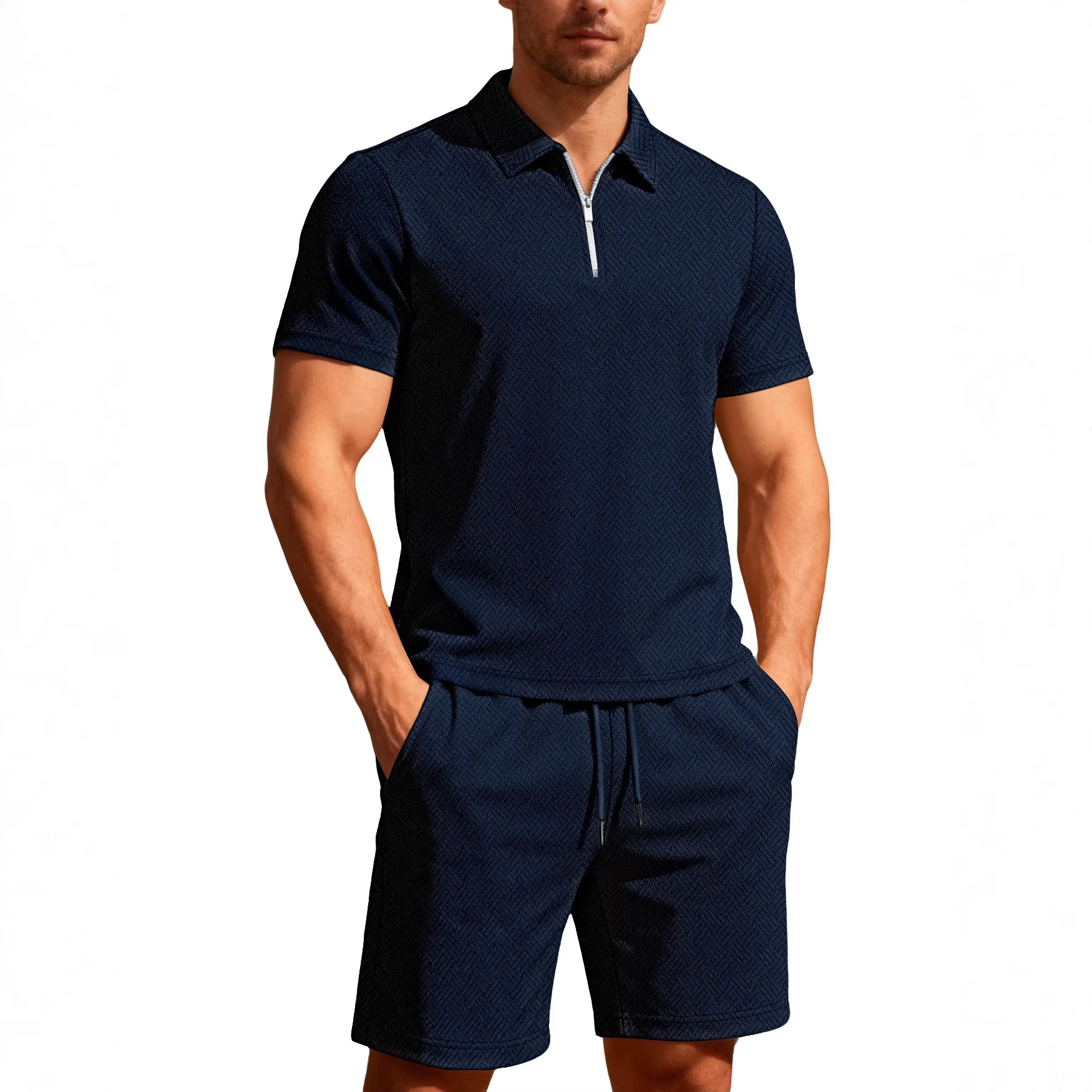 Trajes de hombre transfronterizos de verano para hombres nuevos trajes casuales de comercio exterior de manga corta con cremallera de moda de color sólido