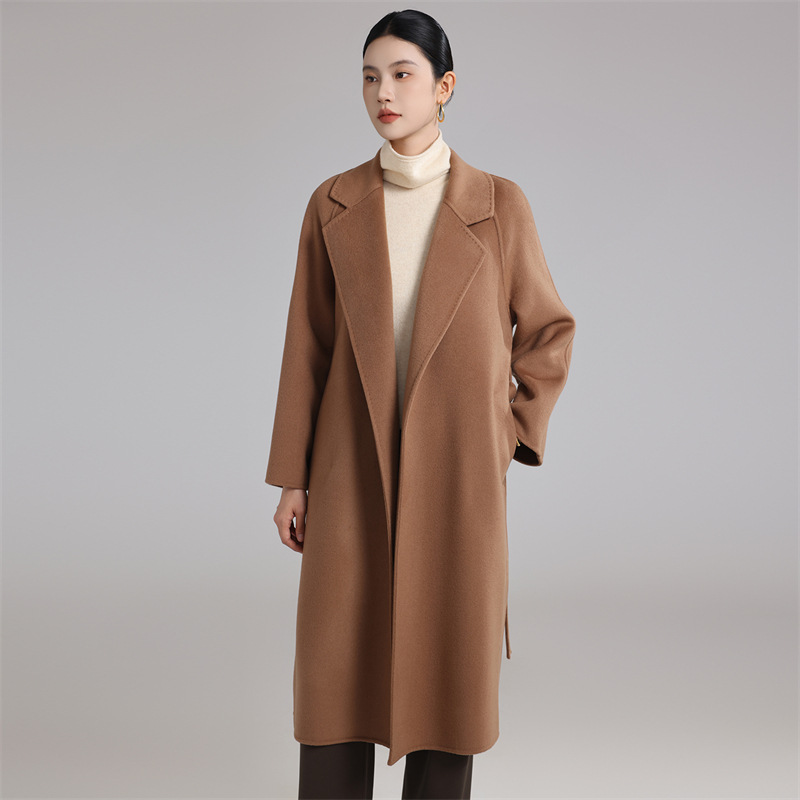 山羊绒羊毛混纺毛呢外套秋冬新款V翻领双面呢大衣通勤风双兜开衫