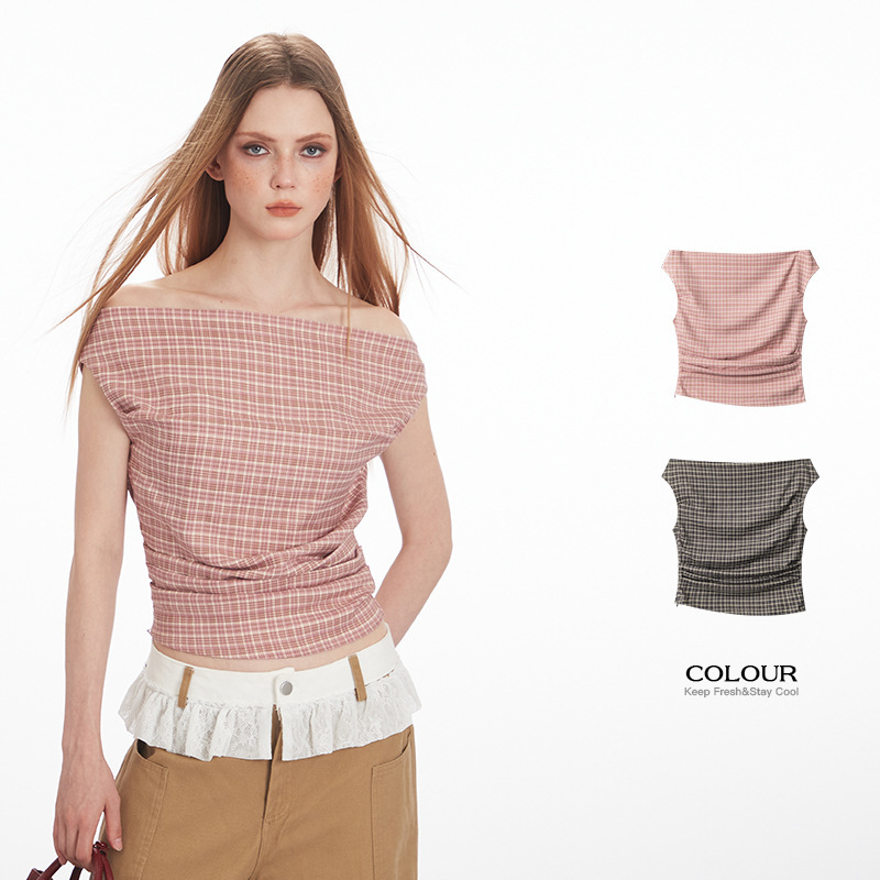 Heyhenry One-Line Collar Short Plaid Waist Pleated Sleeveless T-Shirt Feminine Slim Off-Shoulder Vest Top Heyhenry One-Line Collar Short Plaid Waist Pleated Sleeveless T-Shirt Feminine Slim Off-Shoulder Vest Top