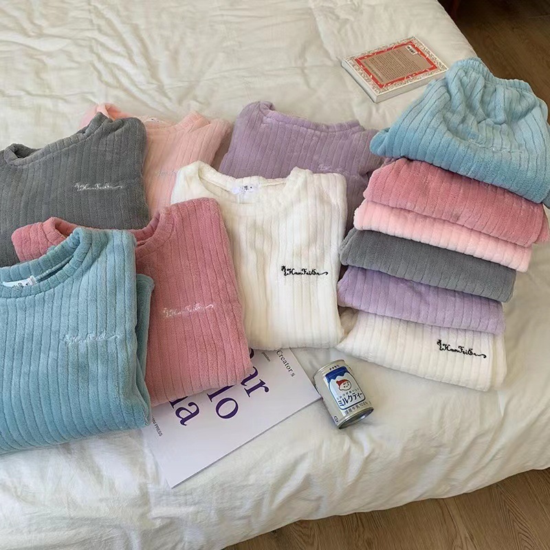 630g Weight Long Sleeve Sleeve Length Pajamas Lingerie Type Pullovers Placket Type Polyester Fabric Type Long Top Length Pants Sets Sets Type 2 Pieces Set Quantity Home Occasion Round Neck Neckline Warm Function Loose Fit Type Stripe, Solid Color Pattern Winter, Autumn Season Women's Gender Casual, Simple Style Style Autumn And Winter New Crescent City Warm Suit Casual Homewear Internet Celebrity Coral Fleece Thick Thermal Pajamas 11