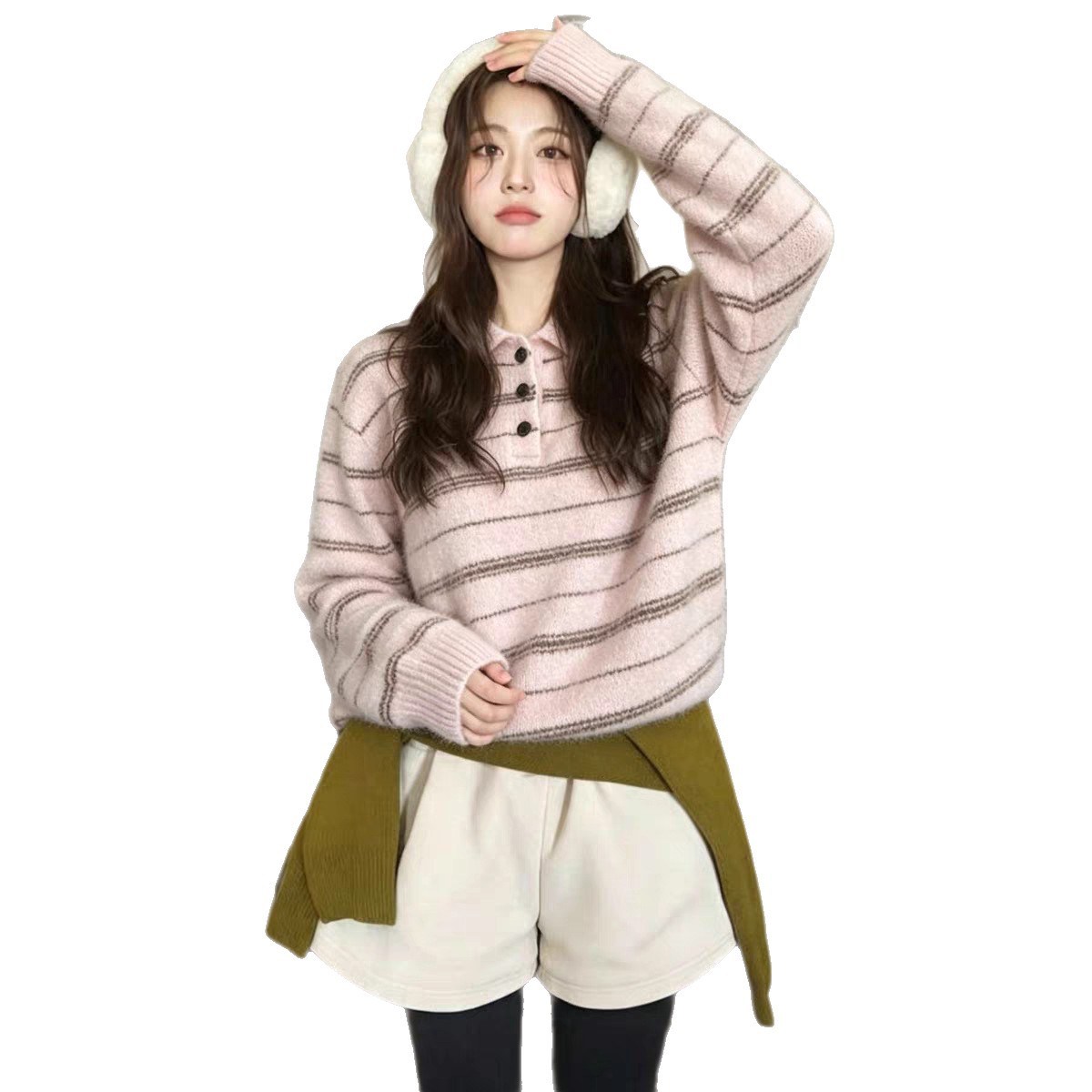 빈티지 폴로 넥 스트라이프 니트 스웨터 여자 가을 겨울 낙견 헐렁헐렁 박