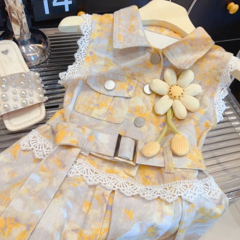 2025 新しい夏の女の赤ちゃんハイエンドプリントソフトデニムスプライシングスカートレースドレスノースリーブデニムスカート|undefined