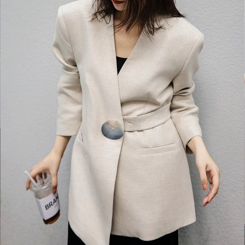 Linen Blazer Women's Autumn and Winter New Normcore Style V Neck Shoulder Pads Workplace Elegant Long-sleeved Shell Button Suit