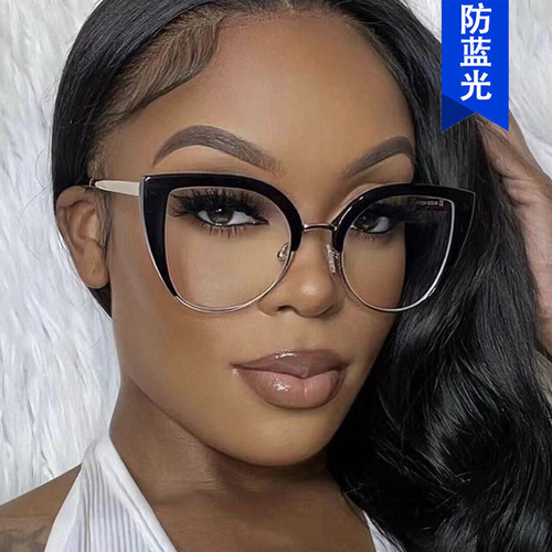 Cross-border European and American cat eye glasses frame  new style women's trendy anti-blue light glasses frame personalized flat mirror fashion street photography