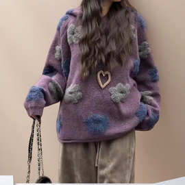 时尚复古提花连帽套头针织毛衣女秋冬新款法式设计感跨境紫色毛衣